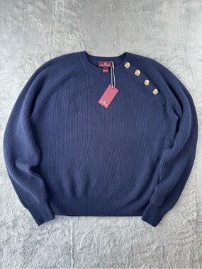 Bruno Magli Navy Crewneck Sweater with Gold Buttons